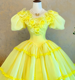 Niulatu Short Sleeve Ball Gown Tulle Long Prom Dresses Flower Yellow Quinceanera Dresses Sweet 16 Dresses HZ1026
