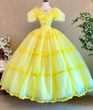 Niulatu Short Sleeve Ball Gown Tulle Long Prom Dresses Flower Yellow Quinceanera Dresses Sweet 16 Dresses HZ1026