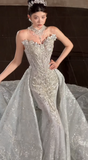 Niulatu Strapless Mermaid Train Wedding Dresses Beaded Tulle Bridal Gowns Applique Sleeveless Bridal Dresses HZ1026