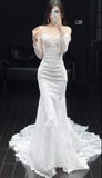 Niulatu Off-the-shoulder Mermaid Wedding Dresses with Train Beading Lace White Bridal Gowns Applique Long Sleeve Bridal Dresses HZ1026