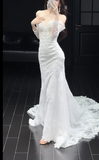 Niulatu Off-the-shoulder Mermaid Wedding Dresses with Train Beading Lace White Bridal Gowns Applique Long Sleeve Bridal Dresses HZ1026