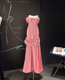 Niulatu Off-the-shoulder Sheath Long Prom Dresses Satin Pink Evening Dresses Cute Birthday Dresses HZ1026