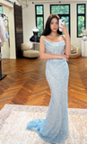 Niulatu Mermaid Long Prom Dresses Sequin Tulle Light Blue Evening Dresses Strapless Birthday Dresses HZ1026