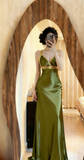 Niulatu V-neck Sheath Green Long Prom Dresses Satin Sleeveless Green Evening Dresses HZ1026