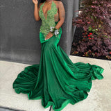 Niulatu Halter Mermaid Green Long Prom Dresses Velvet Green Evening Dresses HZ1026