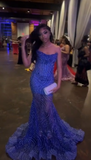 Niulatu Strapless Mermaid Royal Blue Long Prom Dresses Tulle Sequin Sleeveless Formal Dresses Royal Blue Birthday Dresses HZ1026