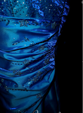 Niulatu Strapless A-Line Long Prom Dresses Satin Blue Formal Dresses Blue Halloween Dresses HZ1026