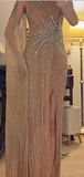 Niulatu One Shoulder Sheath Long Prom Dresses Rhinestone Tulle Champagne Formal Dresses Champagne Halloween Dresses HZ1026