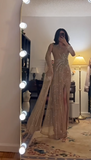 Niulatu One Shoulder Sheath Long Prom Dresses Rhinestone Tulle Champagne Formal Dresses Champagne Halloween Dresses HZ1026
