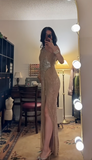 Niulatu One Shoulder Sheath Long Prom Dresses Rhinestone Tulle Champagne Formal Dresses Champagne Halloween Dresses HZ1026