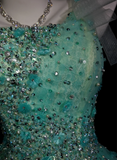 Niulatu One-Shoulder Ball Gown Turquoise Long Prom Dresses Beaded Tulle Turquoise Quinceanera Dresses Sweet 16 Dress HZ1026