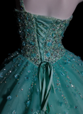 Niulatu One-Shoulder Ball Gown Turquoise Long Prom Dresses Beaded Tulle Turquoise Quinceanera Dresses Sweet 16 Dress HZ1026