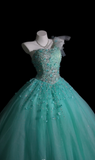 Niulatu One-Shoulder Ball Gown Turquoise Long Prom Dresses Beaded Tulle Turquoise Quinceanera Dresses Sweet 16 Dress HZ1026
