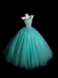 Niulatu One-Shoulder Ball Gown Turquoise Long Prom Dresses Beaded Tulle Turquoise Quinceanera Dresses Sweet 16 Dress HZ1026