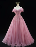 Niulatu Off-the-shoulder A-Line Pink Long Prom Dresses Beaded Tulle Pink Quinceanera Dresses Sweet 16 Dress HZ1026