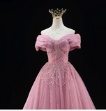Niulatu Off-the-shoulder A-Line Pink Long Prom Dresses Beaded Tulle Pink Quinceanera Dresses Sweet 16 Dress HZ1026