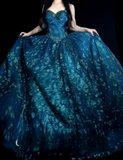 Niulatu Spaghetti Strap Ball Gown Blue Long Prom Dresses Tulle Applique Blue Quincea?a DResses Sweet 16 Dress HZ1026