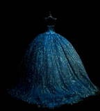 Niulatu Spaghetti Strap Ball Gown Blue Long Prom Dresses Tulle Applique Blue Quincea?a DResses Sweet 16 Dress HZ1026