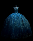 Niulatu Spaghetti Strap Ball Gown Blue Long Prom Dresses Tulle Applique Blue Quincea?a DResses Sweet 16 Dress HZ1026