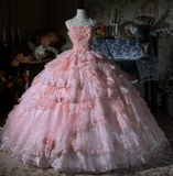 Niulatu Strapless Ball Gown Pink Long Prom Dresses Tulle Applique Pink Quincea?a Dresses Sweet 16 Dress HZ1026