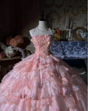 Niulatu Strapless Ball Gown Pink Long Prom Dresses Tulle Applique Pink Quincea?a Dresses Sweet 16 Dress HZ1026