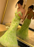 Niulatu V-neck Sheath Long Prom Dresses Beaded Printed Chiffon Green Formal Dresses Open Back Wedding Guest Dresses HZ1026