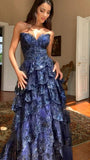 Niulatu Sweetheart Neck A-Line Navy Blue Long Prom Dresses Tulle Applique Navy Blue Evening Dresses HZ1026
