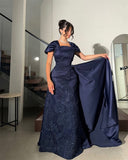 Niulatu Square Neck Sheath Navy Blue New Year Evening Dresses Satin Applique Navy Blue Wedding Guest Dresses HZ1026