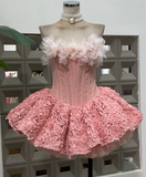 Niulatu Strapless Ball Gown, Pink Short Prom Dresses, Tulle Applique Pink Birthday Dresses, Sleeveless Homecoming Dresses HZ1026