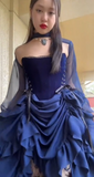 Niulatu New Halloween Party Dresses Sexy Strapless Navy Blue Long Birthday Dresses Chiffon Formal Dresses HZ1026