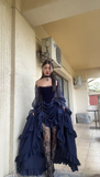 Niulatu New Halloween Party Dresses Sexy Strapless Navy Blue Long Birthday Dresses Chiffon Formal Dresses HZ1026
