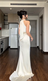 Niulatu Halter Sheath Long Prom Dresses Satin White Formal Dresses Silk White Evening Dresses HZ1026