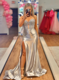 Niulatu Sweetheart Neck Sheath Long Prom Dresses Satin Silver Evening Dresses with Slits HZ1026