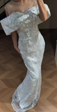 Niulatu Off-the-shoulder Sheath White Long Prom Dresses Tulle Beaded White Wedding Guset Dresses HZ1026