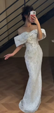 Niulatu Off-the-shoulder Sheath White Long Prom Dresses Tulle Beaded White Wedding Guset Dresses HZ1026