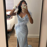 Niulatu Sweetheart Sheath Blue Long Prom Dresses Satin Blue Long Evening Dresses HZ1026