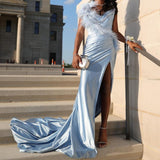 Niulatu Sweetheart Sheath Blue Long Prom Dresses Satin Blue Long Evening Dresses HZ1026