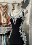 Niulatu Sweetheart Sheath Black Long Prom Dresses Lace Applique Black Long Evening Dresses HZ1026