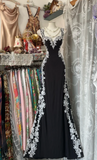 Niulatu Sweetheart Sheath Black Long Prom Dresses Lace Applique Black Long Evening Dresses HZ1026