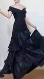 Niulatu Off-the-shoulder Sheath Black Long Prom Dresses Satin Ruffle Black Long Evening Dresses HZ1026