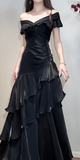 Niulatu Off-the-shoulder Sheath Black Long Prom Dresses Satin Ruffle Black Long Evening Dresses HZ1026