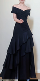 Niulatu Off-the-shoulder Sheath Black Long Prom Dresses Satin Ruffle Black Long Evening Dresses HZ1026