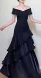 Niulatu Off-the-shoulder Sheath Black Long Prom Dresses Satin Ruffle Black Long Evening Dresses HZ1026