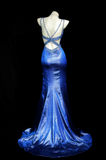 Niulatu V-neck Mermaid Blue Long Prom Dresses Satin Blue Long Evening Dresses with Open Back HZ1026