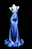 Niulatu V-neck Mermaid Blue Long Prom Dresses Satin Blue Long Evening Dresses with Open Back HZ1026