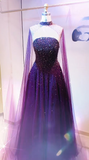 Niulatu Strapless A-Line Dark Purple Long Prom Dresses Beaded Chiffon Dark Purple Long Evening Dresses HZ1026