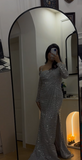 Niulatu Off-the-shoulder Mermaid Long Prom Dresses Tulle Sequins Silver Formal Dresses Evening Gowns with Slits HZ1026