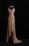 Niulatu Spaghetti Strap Sheath Long Prom Dresses Beaded Satin Vintage Champagne Evening Gowns HZ1026