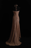 Niulatu Spaghetti Strap Sheath Long Prom Dresses Beaded Satin Vintage Champagne Evening Gowns HZ1026