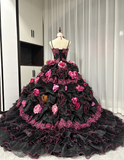 Niulatu Spaghetti Strap Ball Gown Tulle Long Prom Dresses Applique Black Quinceanera Dresses Sweet 16 Dress HZ1026